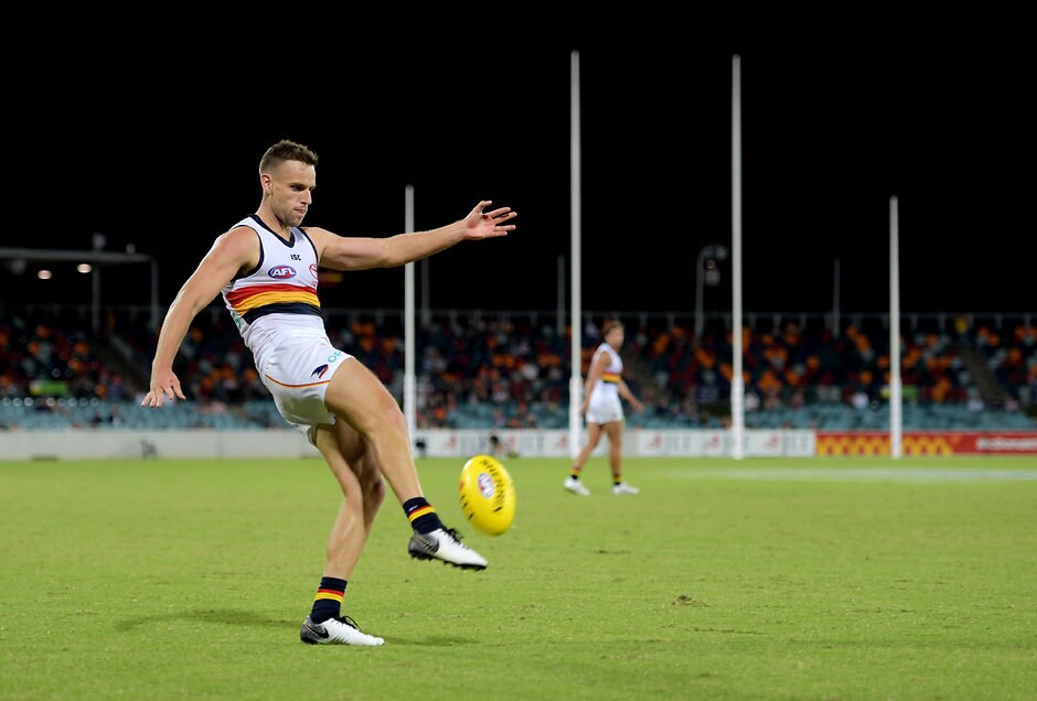 AFL 2019 JLT Community Series - GWS v Adelaide CANBERRA, AUSTRALIA - MARCH 08: Brodie Smith of the Crows attempts a goal during the 2019 JLT Community Series AFL match between the Greater Western Sydney Giants and the Adelaide Crows at UNSW Canberra Oval on March 08, 2019 in Canberra, Australia. (Photo by Tracey Nearmy/Getty Images)